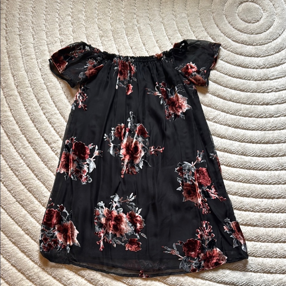 Xhilaration Black velvet flower off shoulder babydoll dress